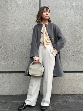 「コクーンコート」｜「アイテム（ノーカラーコート）」を使った、新谷さん（レディース・157cm）の冬コーディネート