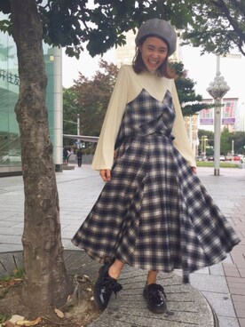 「フレアスリーブ」｜「アイテム（ハンチング/ベレー帽）」を使った、ヨシカワさん（レディース・150cm）の秋コーディネート