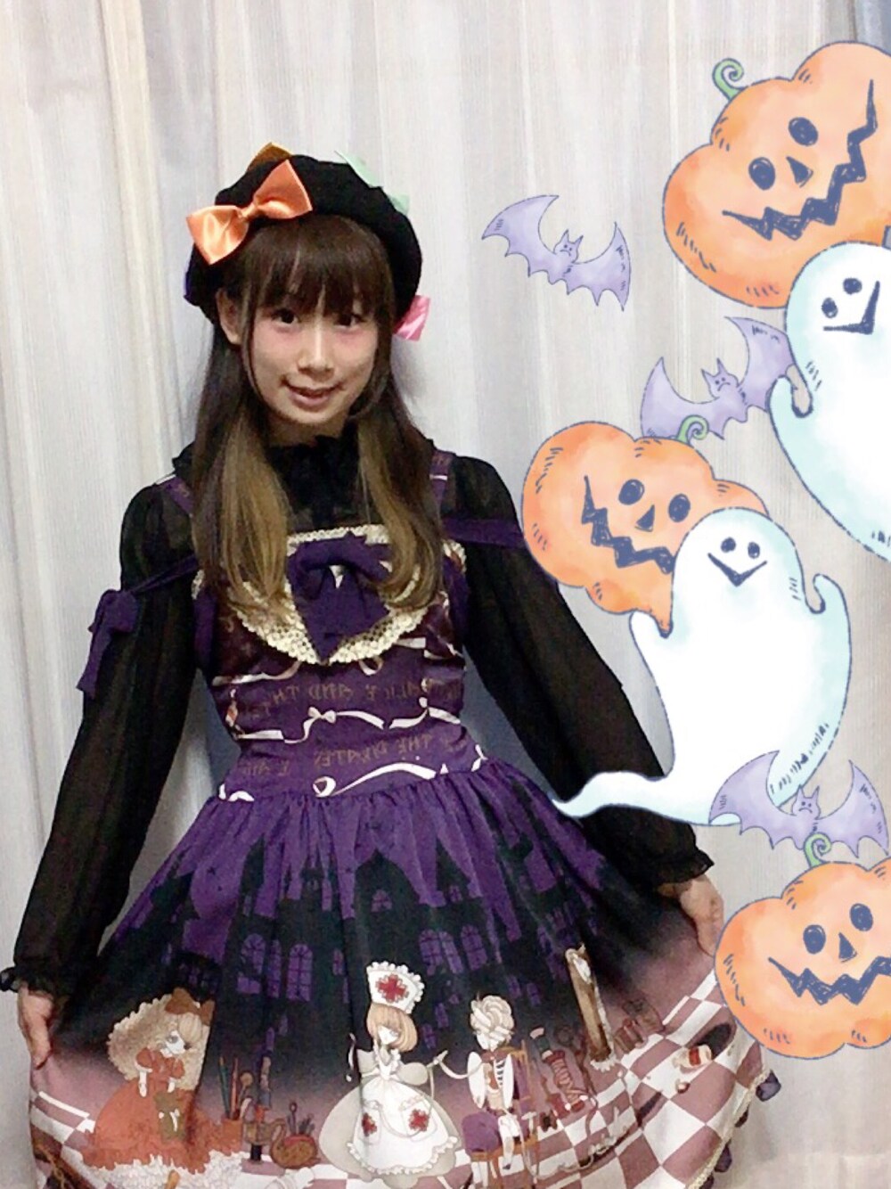 「ロリィタ、ロリータ、コラボ、漫画、かわいい、原宿、ootd、むらさき、秋色、ハロウィン」｜「BABY,THE STARS SHINE BRIGHTのアイテム（ジャンパースカート、パープル系）」を使った、鈴木りぇさん（レディース・156cm）の秋コーディネートの1枚目の写真