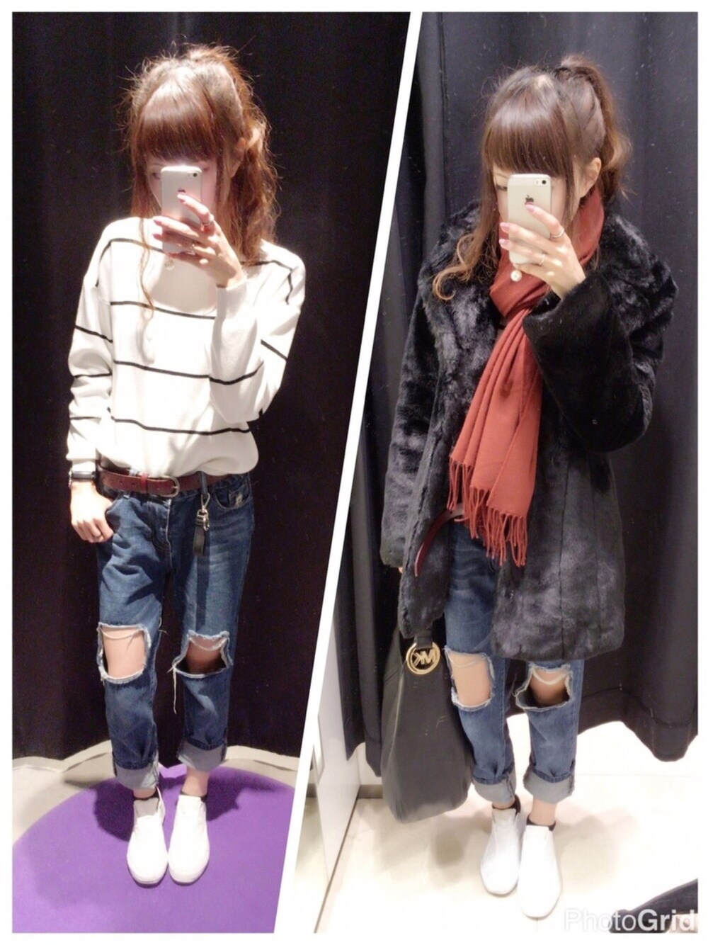 「ファーコート、デニム、ニット、ボーダー、converse、スニーカー、MichaelKors、ダニエルウェリントン、ストール、冬」｜「CONVERSEのCONVERSE / "ALL STAR" SLIPⅢOX（スニーカー、ホワイト系）」を使った、mik_.さん（レディース・162cm）の冬コーディネートの1枚目の写真