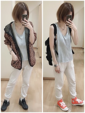 「CONVERSE（コンバース）のCONVERSE コンバース キャンバス オールスター J ハイ / CANVAS ALL STAR J HI (ORANGE) 31301640（スニーカー）」を使った、mik_.さん（レディース・162cm）の夏コーディネート