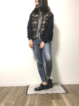 「チドリ柄」｜「アイテム（スタジャン）」を使った、しみまゆさん（レディース・158cm）の冬コーディネート