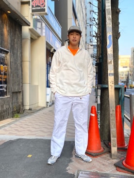 「meanswhile（ミーンズワイル）のアイテム（帽子）」を使った、tenkuluさん（メンズ・174cm）の春コーディネート