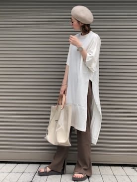 「スリットパンツ」｜「アイテム（ハンチング/ベレー帽）」を使った、chikaさん（レディース・163cm）の夏コーディネート