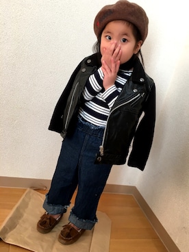 「UNIQLO（ユニクロ）のアイテム（ライダースジャケット）」を使った、hymee0211さん（キッズ・100cm）の冬コーディネート