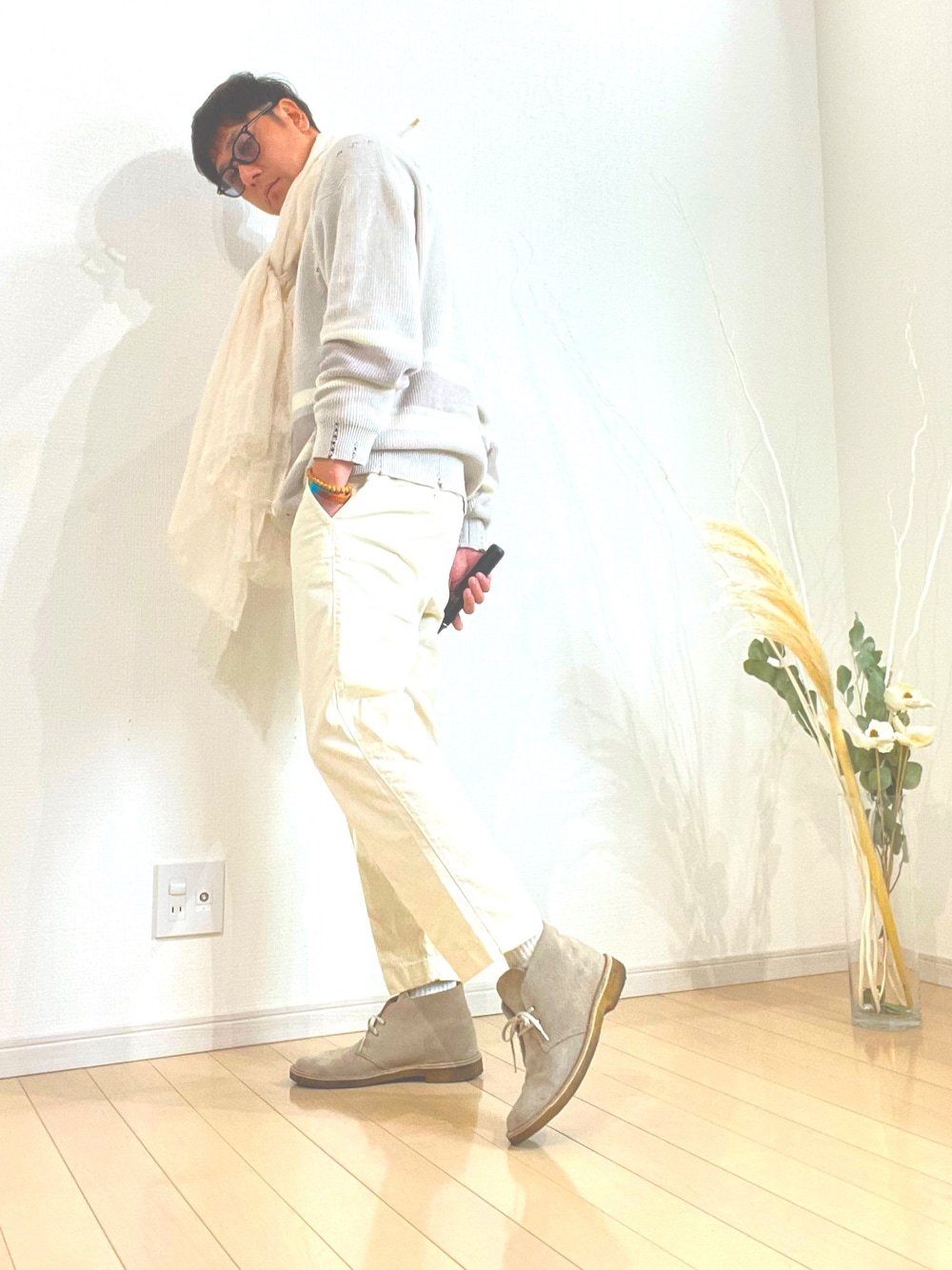 「ＧＵ×masaotamuraのアイテム（ニット/セーター、ホワイト系）」を使った、Masaoたむらさん（メンズ・174cm）の春コーディネートの1枚目の写真