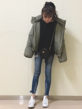 「fifth（フィフス）の中綿ショートダウンコート（ダウンジャケット/コート）」を使った、モリアヤさん（レディース・152cm）の秋コーディネート