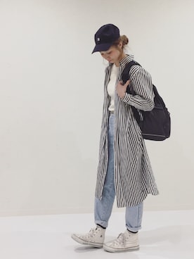 「BEAMS BOY（ビームスボーイ）のBEAMS BOY / ストライプ B.D. シャツワンピース（シャツワンピース）」を使った、ちばのぞみ。さん（レディース・165cm）の春コーディネート