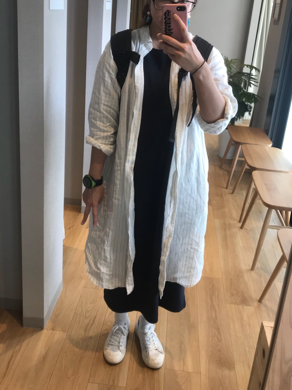 「無印良品のアイテム（シャツワンピース、ホワイト系）」を使った、nyanmachi*さん（レディース・156cm）の夏コーディネートの1枚目の写真