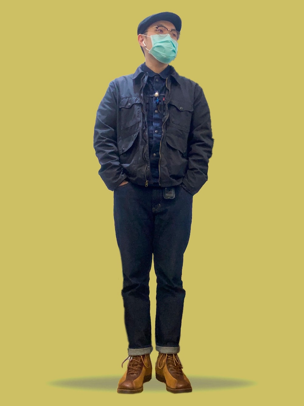 「BEAMS、Levi's、FILSON、MUJI、oldsoil、RED WING、8827、antivirus、AMEKAJI」｜「FILSONのアイテム（ジャケット/アウター、ブラック系）」を使った、Tseng J.さん（メンズ・176cm）の冬コーディネートの1枚目の写真