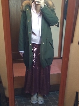「スパンコール」｜「アイテム（モッズコート）」を使った、SaoriKoさん（レディース・163cm）の春コーディネート