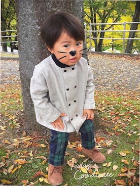 「Handmade（ハンドメイド）のアイテム（ノーカラージャケット）」を使った、JOEさん（キッズ・80cm）の秋コーディネート