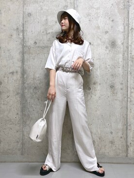 「PBLIM（ページボーイリム）のPAGEBOYLIM/ロゴ刺繍バケットハット2（ハット）」を使った、みはさん（レディース・155cm・20代）の春コーディネート