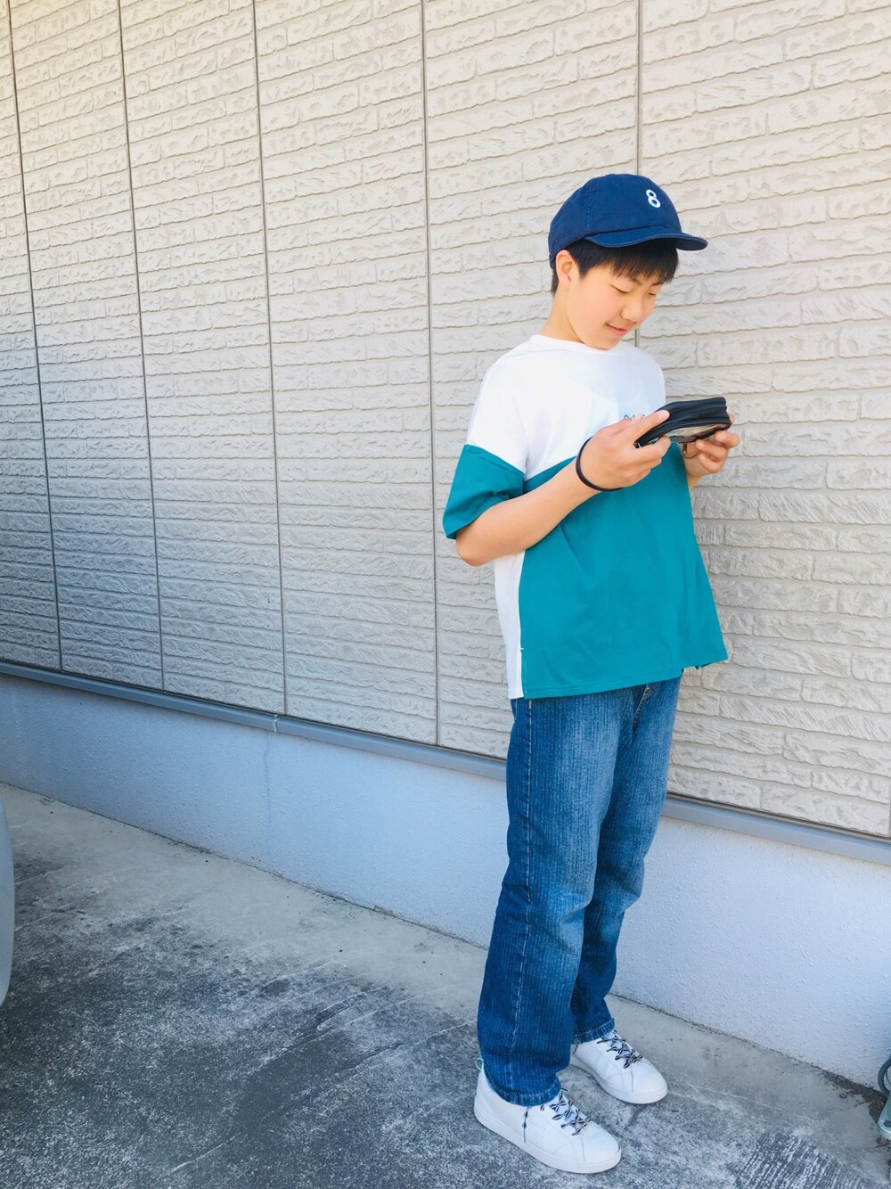 「夏コーデ、キッズコーデ、シンプル、パシオス、吸水速乾、中学生、息子」｜「BREEZEの4柄キャップ（キャップ、ブルー系）」を使った、Ry5Re0さん（キッズ・147cm）の春コーディネートの1枚目の写真
