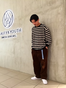 「BEAUTY&YOUTH UNITED ARROWS（ビューティーアンドユースユナイテッドアローズ）のBY ∴ 90'S ボーダー ビッグ ニット（ニット/セーター、ブラック系）」を使った、Shouya Kitayamaさん（メンズ・171cm）の冬コーディネート