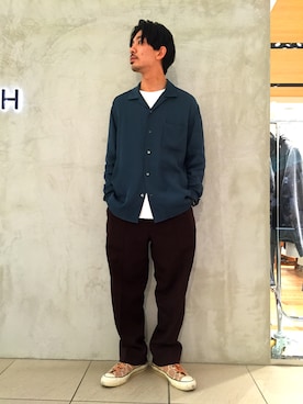 「BEAUTY&YOUTH UNITED ARROWS（ビューティーアンドユースユナイテッドアローズ）のアイテム（シャツ/ブラウス、グリーン系）」を使った、Shouya Kitayamaさん（メンズ・171cm）の冬コーディネート