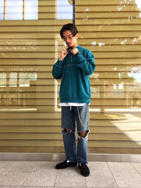 「TRADING COMPANYのアイテム（スウェット、グリーン系）」を使った、Shouya Kitayamaさん（メンズ・171cm）の夏コーディネート