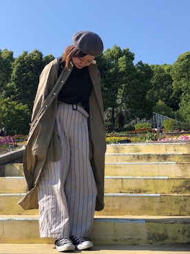 「ストライプパンツ」｜「アイテム（シャツワンピース）」を使った、yurioneさん（レディース・154cm）の春コーディネート