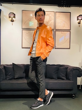 「アイテム（ライダースジャケット、オレンジ系）」を使った、_tsubasa_yさん（メンズ・181cm）の秋コーディネート