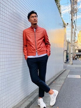 「アイテム（ライダースジャケット、レッド系）」を使った、_tsubasa_yさん（メンズ・181cm）の秋コーディネート