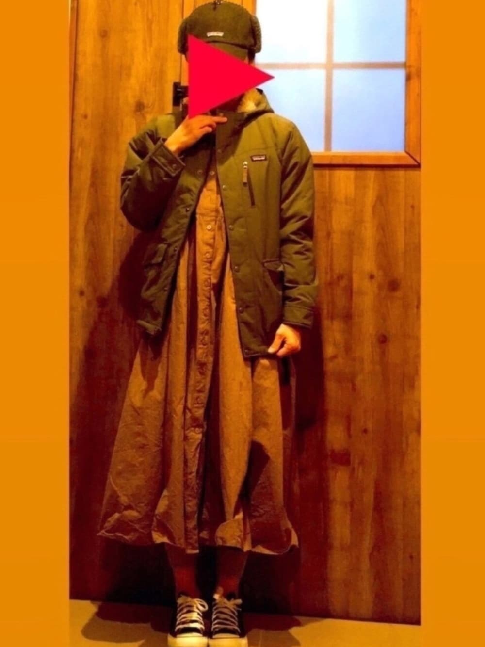 「今日のコーデ、ママコーデ、パイロットキャップ、patagonia、カジュアル、オトナカジュアル、アウトドアミックス、ママファッション」｜「patagoniaのパタゴニア / ボーイズ・インファーノ・ジャケット（ダウンジャケット/コート、グリーン系）」を使った、yunyun555さん（レディース・161cm）の冬コーディネートの1枚目の写真