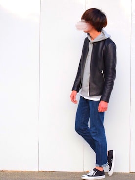「ジャックパーセル」｜「アイテム（ライダースジャケット）」を使った、てぃんまるさん（メンズ・173cm）の冬コーディネート