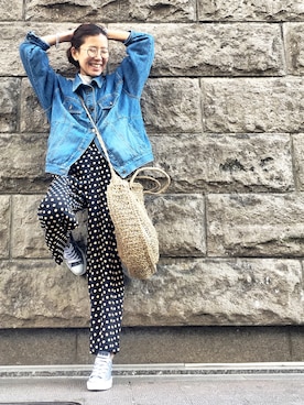 「ドットパンツ」｜「アイテム（デニムジャケット）」を使った、あろまんØさん（レディース・160cm）の春コーディネート