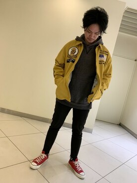 「刺繍」｜「アイテム（ミリタリージャケット）」を使った、正さん（メンズ・170cm）の冬コーディネート