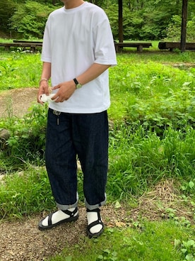 「UNIQLO（ユニクロ）のエアリズムコットンオーバーサイズTシャツ（5分袖）（Tシャツ/カットソー）」を使った、AJさん（メンズ・175cm）の夏コーディネート