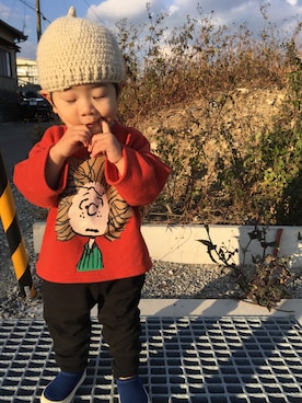 「1歳半」｜「アイテム（ニットキャップ/ビーニー）」を使った、harupekoさん（キッズ・90cm）の冬コーディネート