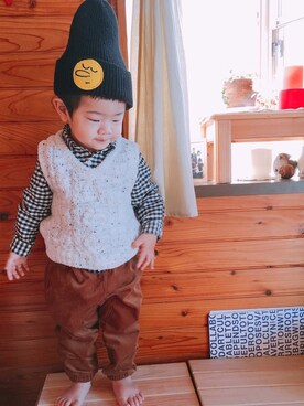 「1歳半」｜「アイテム（ニットキャップ/ビーニー）」を使った、harupekoさん（キッズ・90cm）の冬コーディネート