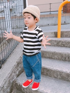 「Tシャツ×デニム」｜「アイテム（スリッポン）」を使った、harupekoさん（キッズ・90cm）の夏コーディネート
