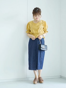 「earth music&ecology（アースミュージックアンドエコロジー）のアイテム（デニムスカート）」を使った、ぐちょめさん（レディース・157cm）の夏コーディネート