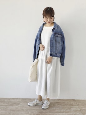 「earth music&ecology（アースミュージックアンドエコロジー）のアイテム（デニムジャケット）」を使った、ぐちょめさん（レディース・157cm）の冬コーディネート