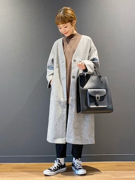 「earth music&ecology（アースミュージックアンドエコロジー）のアイテム（ノーカラージャケット）」を使った、ぐちょめさん（レディース・157cm）の秋コーディネート