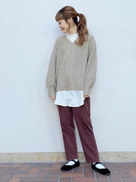 「earth music&ecology（アースミュージックアンドエコロジー）のハイウエストテーパードパンツ ＊（その他パンツ）」を使った、ぐちょめさん（レディース・157cm）の冬コーディネート