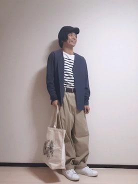 「supershrubsupplyのアイテム（トートバッグ、ベージュ系）」を使った、鷲さん（メンズ・165cm）の春コーディネート