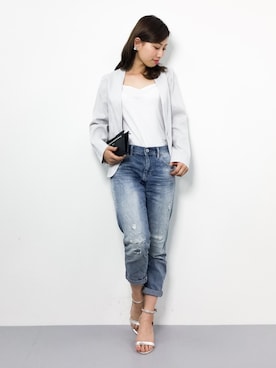 「ボーイフレンドデニム」｜「アイテム（ノーカラージャケット）」を使った、KIIさん（レディース・160cm）の春コーディネート