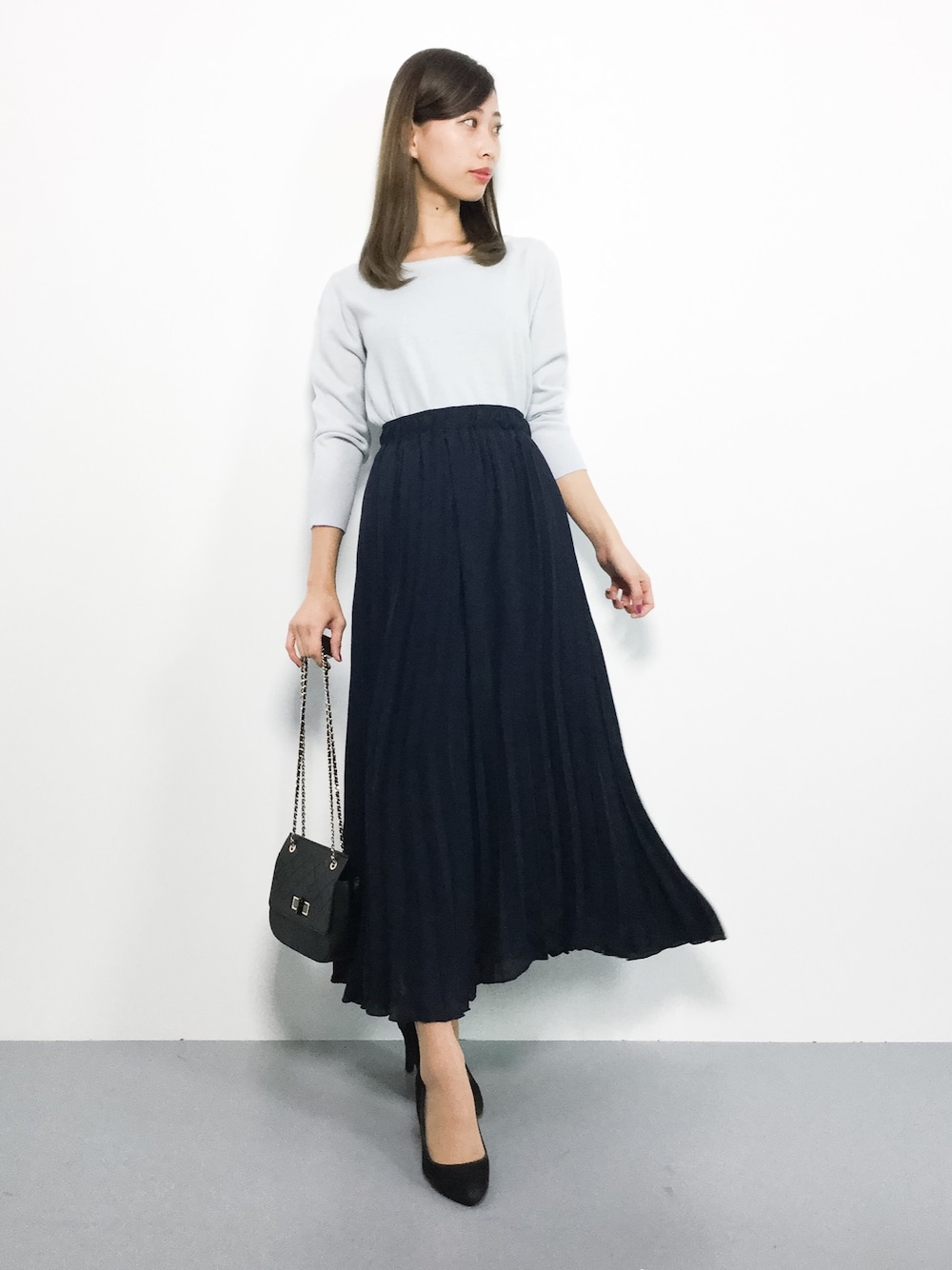 美品 2017aw iena slobe ウール Aライン ニット◆ ネイビー　紺　プルオーバー 極美品 2017aw iena slobe ウール Aライン ニット◇ ライト グレー