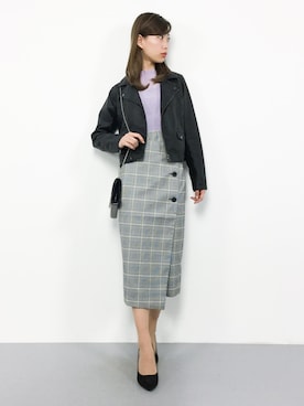 「ラベンダー」｜「アイテム（ライダースジャケット）」を使った、KIIさん（レディース・160cm）の冬コーディネート