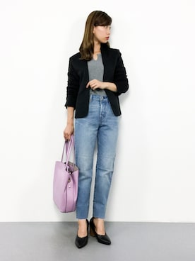 「ラベンダー」｜「アイテム（ノーカラージャケット）」を使った、KIIさん（レディース・160cm）の春コーディネート