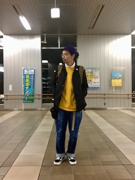「レイカーズカラー」｜Genki Nakamuraさん（メンズ・179cm）の冬コーディネート