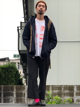 「チャンピオン パーカー」｜「アイテム（ローファー）」を使った、Genki Nakamuraさん（メンズ・179cm）の秋コーディネート