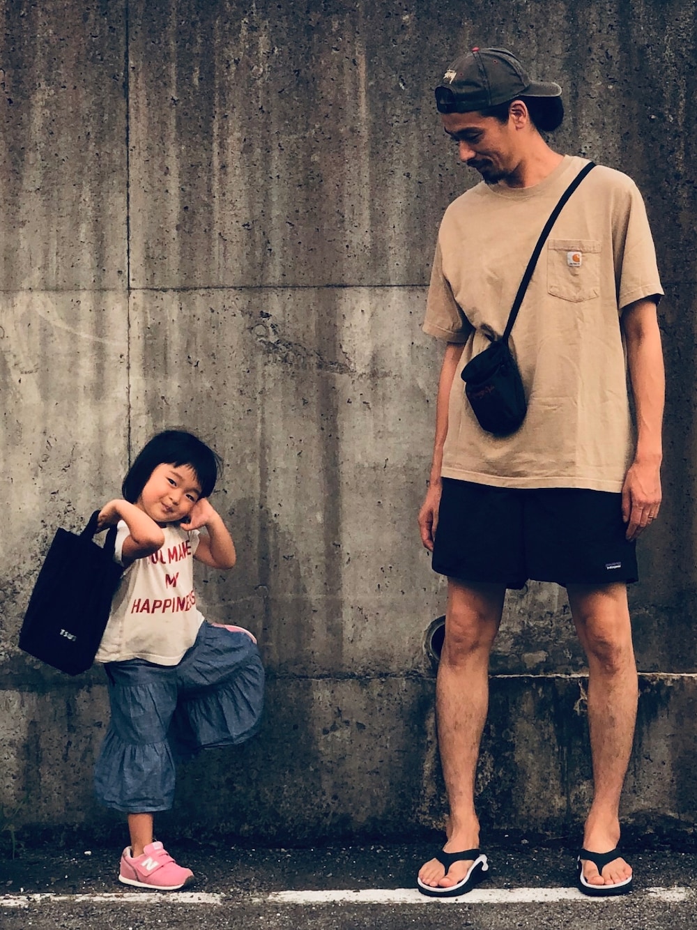 「オトナカジュアル、休日スタイル、夏だ！Tシャツ着よう！、パタゴニア、バギーズショーツ、ワンマイルコーデ、リカバリーサンダル、相互フォローしましょう！、フォロバ、おやこーで。」｜「zepaneseclubのアイテム（バッグ、ブラック系）」を使った、Genki Nakamuraさん（メンズ・179cm）の夏コーディネートの1枚目の写真