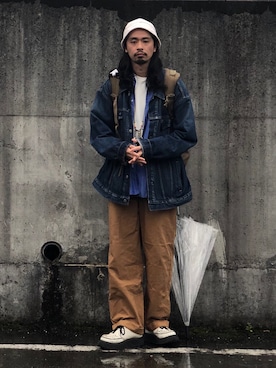 「ジョージコックス」｜「アイテム（デニムジャケット）」を使った、Genki Nakamuraさん（メンズ・179cm）の春コーディネート