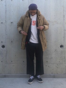 「WOOLRICH（ウールリッチ）のアイテム（ダウンジャケット/コート）」を使った、Genki Nakamuraさん（メンズ・179cm）の冬コーディネート