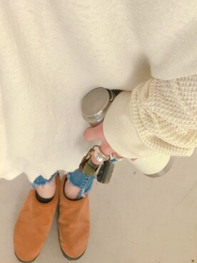 「select MOCA（セレクトモカ）の【GISELe4月号掲載】【GISELe12月号掲載】センタープレスストレートヘムラインカットオフダメージ加工デニム（デニムパンツ）」を使った、まいさん（レディース・158cm）の冬コーディネート