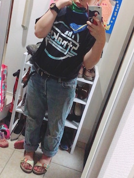 「usedのアイテム（Tシャツ/カットソー、ブラック系）」を使った、kaetuneさん（レディース・146cm）の夏コーディネート