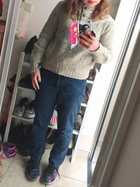 「usedのアイテム（ニット/セーター、ベージュ系）」を使った、kaetuneさん（レディース・146cm）の春コーディネート