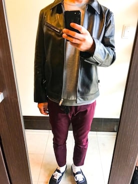 「アイテム（ライダースジャケット）」を使った、いんてるさん（メンズ・176cm・40代）の春コーディネート